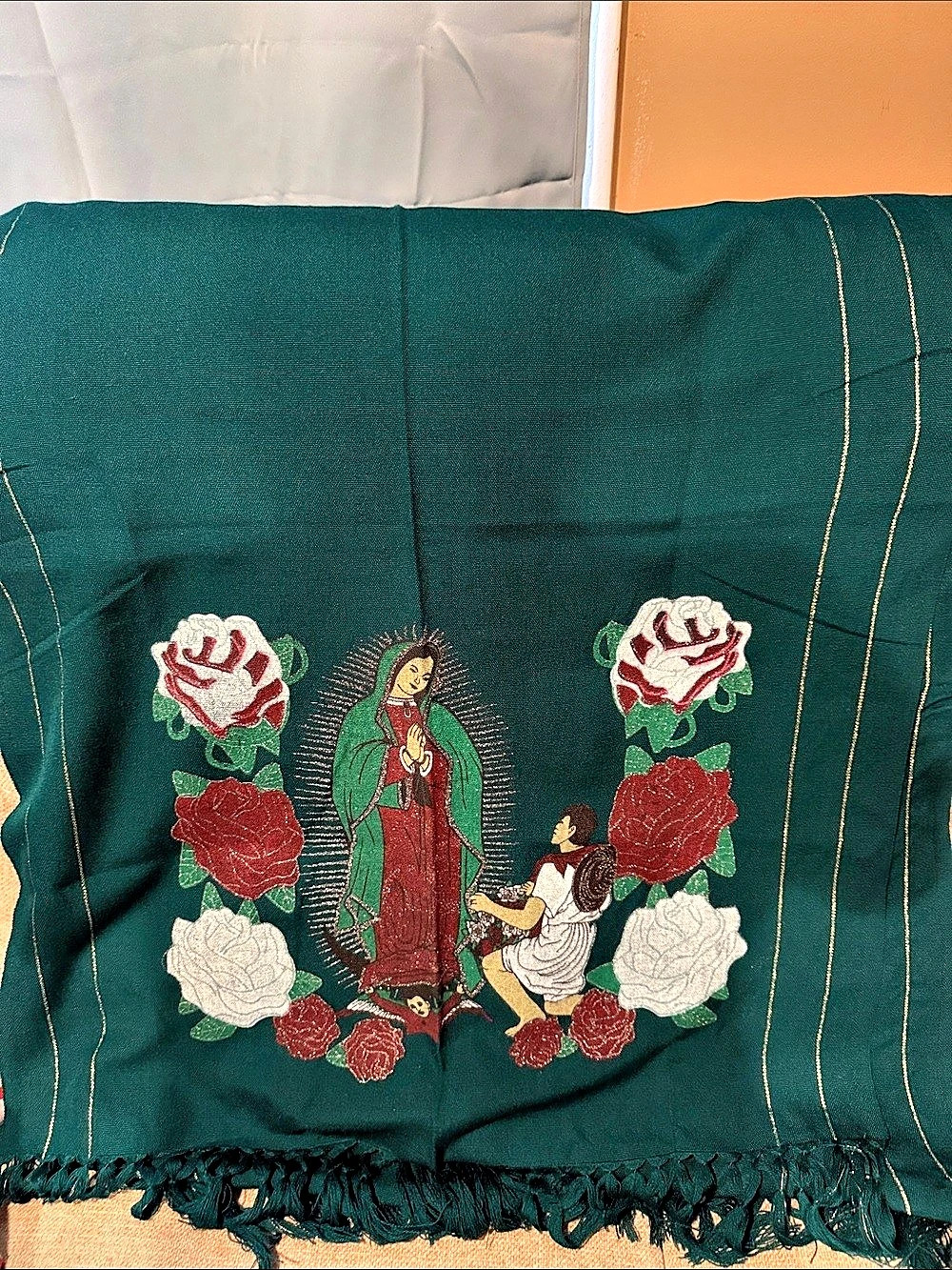 Embroidered Floral Scarf in Green & Red